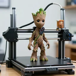 3 d printer and groot, focus on 3 d printer, sharp focus,