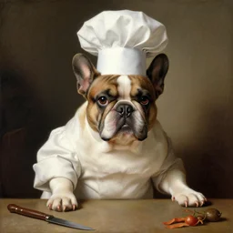 fat french bulldog chef aged painting by leonardo da vinci
