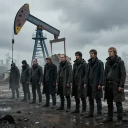 waiting in line for crude oil by simon stalenhag and gil elvgren and tom bagshaw and marc simonetti and jan miense molenaer and arthur adams, slums, highly detailed, hyperrealism, dreary, cold, cloudy, grey, smog, high contrast, smogpunk, oilpunk, high saturation, intricate complexity