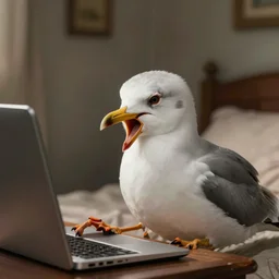 an angry seagull typing at a computer in it's bedroom, close up, studio portrait