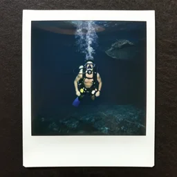 a dive bard inside of a cave, old polaroid, expired film,