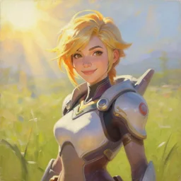 oil painting of tracer from the game overwatch, standing in grassy field, smiling while the sun shines down, feminine face, light rays, radiant quality, 4 k, brush strokes, anatomically accurate face, beautiful eyes, peaceful atmosphere, n 9