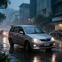 hyperrealistic matte painting of need for speed street car in jakarta, action movie. fine details, rain, some people, rtx reflections, jakarta suburbs, paneled buidlings, fog, night, photorealistic, unreal engine, octane render, volumetric light, 4 k, 5 0 mm bokeh, toyota avanza, by greg rutkowski, artstation