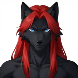 portrait of male anthropomorphic black anime wolf, long red hair, blue eyes, in a futuristic city, hyper detailed, digital art, trending on artstation, cinematic lighting, studio quality, smooth render, unreal engine 5 rendered, octane rendered, 1 : 1 aspect ratio