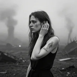 award winning photo of some despair as cronenberg would depict it, she is 2 3, skinny and beautiful and listens to oathbreaker, she is deaf but still hears, photo, black and white, the background is devastated by pollution, insanely detailed, on her arm she has a tattoo that reinvents humanity, foggy like in norwegian black metal aesthetic