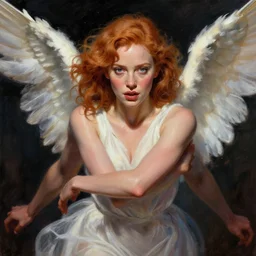 Angel, perfectly-centered-painting of young Christina Hendricks in Mad Men looking at the camera, hands not visible, sweaty, wet, dynamic action pose, insane, intricate, highly detailed, digital painting, artstation, concept art, smooth, sharp focus, illustration, Unreal Engine 5, 8K, art by artgerm and greg rutkowski and alphonse mucha