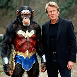 a Chimpanzee dressed as Wonder Woman stands next to Clint Eastwood photographed in the style of Annie Leibovitz, photorealistic