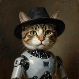 a half robot cat wearing a hat, oil painting, atmospheric lighting, highly detailed rembrandt van rijn, aert de gelder, esaias van de velde