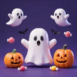 Halloween wallpaper with ghosts, candy, jack-o-lanterns, cute 3D emoji low poly style
