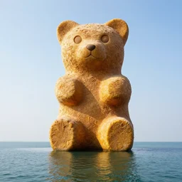 a giant sculpture of a giant gummy bear on the water, award winning, hyper - realistic, very detailed, realistic water, ray tracing, 8 k resolution, long - shot, sharp focus, low angle, 8 5 mm photograph, wide lens