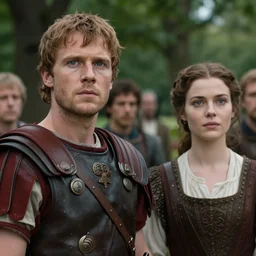 sharp, highly detailed, film from a 2 0 1 9 sci fi 8 k movie, time travelers suddenly appear in a park in 2 0 1 9, a man from the roman empire and a woman from 1 8 6 0, wearing correct era clothes, atmospheric lighting, in focus, reflective eyes, 3 5 mm macro lens, live action, nice composition