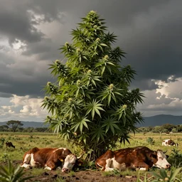 giant marihuana plant with cows sleeping in it's shade