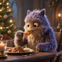 fuzzy creature eating dinner at hogwards, octane render, christmas lighting, ray - tracing, global illumination, trending on artstation, 4 k, desktop wallpaper, high detail