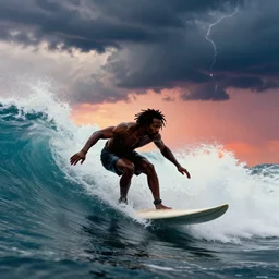 a _ wide _ angle _ dynamic _ action _ portrait _ of _ a _ black _ man _ with _ dreadlocks _ surfing _ in _ a _ thunderstorm _ large _ violent _ waves _ by _ clark _ little in a surreal style, retrowave sunset