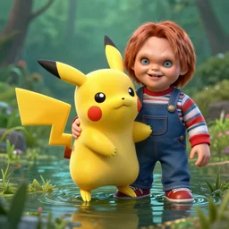 Pikachu fused with Chucky, in a swamp, photo realistic, well detailed