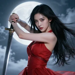 a beautiful fierce long black haired woman wearing red dress wielding black sword posing heroically, heavenly moonlit clouds background, close up shot, artstation, extremely detailed woman, stunning volumetric lighting, hyper realism, fantasy 4k