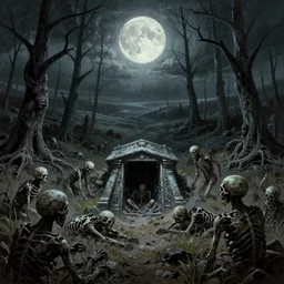 a dramatic matte painting of The Tomb in the dystopian landscape is opening through the ground, the dead has arisen under the glowing moon, dead trees and a brooding landscape by Giger and Dariusz Zawadzki and Beksinski
