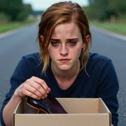 a portrait of s sad Emma Watson with tears in her eyes, trying to fit into a shoebox in the middle of the road, highly detailed, digital painting, HDRI, by Casey Weldon, vivid colors, high contrast, intricate
