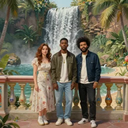 a ultradetailed beautiful painting of lorde, frank ocean, the weeknd and lana del rey standing in front of the diamonds waterfall in the amazonas palace balustrade designed by jules bastien - lepage, tarsila do amaral, frank weston and gustave baumann, beach, trending on artstation, mediterranean, palm trees, sharp focus, soft light, 8 k 4 k
