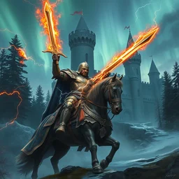 armor lightnings fire elemental hyperrealism, cavalry wielding a greatsword of fire with electricity elemental, standing in frontal of a castle, castle realistic, big forest world fantasy hyperrealism, sky northern lights, hyperrealism by greg rutkowski