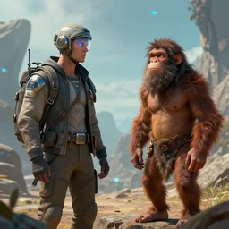 a futuristic time traveller explaining the future to a neanderthal, digital art, trending on artstation