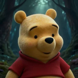 hyperrealistic still image closeup of winnie the pooh in a dark scary forest, god rays, dramatic, moody, intense, emotional, detailed, by greg rutkowski