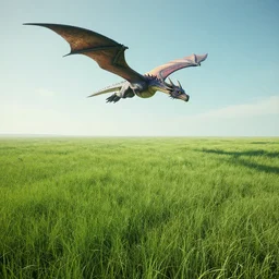 an expansive grassy plain, with a fantastical  dragon soaring above, digital art, fantasy, 8k, trending on artstation
