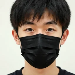 portrait of young man wearing black medical mask, style of katsushika oi