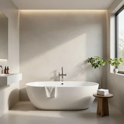 a modern bathroom clean architecture, a lawfoot bathtub, towels table, some plants, daylight, peaceful, 8 k octane render
