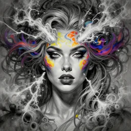 Rita Ora , colorful painting on grey scale face, powerful , magic, thunders, dramatic lighting, intricate, wild, highly detailed, digital painting, artstation, concept art, smooth, sharp focus, illustration, art by artgerm and greg rutkowski and alphonse mucha, footage
