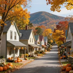 small new england colonial city street with shops and pumpkins, maple trees with fall foliage, new hampshire mountain, stone walls, volumetric, realistic, cinematic lighting, ray tracing, unreal engine 5, octane render, hyper realistic, photo, 8 k