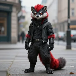 red fursona, stoat | urbanscene photorealism | coalpunk masculine furry black