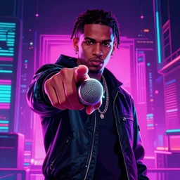 rapper points microphone straight to camera, digital art, vapor wave, hip hop, blade runner, trending on Artstation, professional artist, detailed, 4k