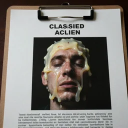 A classified CIA document in a clipboard of a live human's face melting like candle wax, post-mortem photography, Fujifilm, cinematic