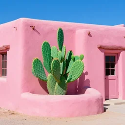 synthwave surrealism, a welcoming pink southwestern adobe pueblo, kelly green prickly pear and cactus saguro cactus, people wearing retrowave ponchos wandering, mystical summer thunderstorm, watercolor