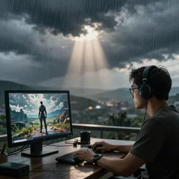 monsoon from the metal gear rising video game, looking at memes on a computer