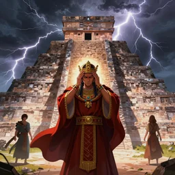 fantasy character illustration of a lavishly robed priest with a headache facing us in front of the aztec temple ( chichen itza ) during a lightning storm, dynamic lighting, trending on artstation, digital art ( by joseph meehan ) ( by victor adame ) ( by anna steinbauer )