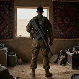 film still of a marine soldier with a sniper rifle on his back standing in a dusty room with traditional colorful carpets on the wall in front of a sandy window. moody, grainy, 4 k, high detail, aesthetic, good composition, overdetailed, room cluttered with items, anatomically correct, directed by best director in the world,