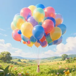 plenty of floating birthday balloons. beautiful countryside. digital art, highly - detailed, artstation cgsociety masterpiece