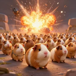 cute little anthropomorphic Guinea Pig army marching with Nuclear!! explosion in the backgroung, ultra wide lens shot , tiny, small,  short, cute and adorable, pretty, beautiful, DnD character art portrait, matte fantasy painting, DeviantArt Artstation, by Jason Felix by Steve Argyle by Tyler Jacobson by Peter Mohrbacher, cinematic lighting