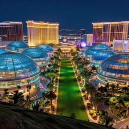 futuristic las vegas with glass domes, big green alley, lights at night, parks, view from a hill, hyperdetailed, artstation, cgsociety, 8 k