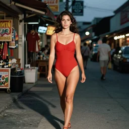 color outdoor photograph portrait of a woman in red swimsuit walking on the shop district, night, summer, dramatic lighting, 1 9 9 0 photo from live magazine.