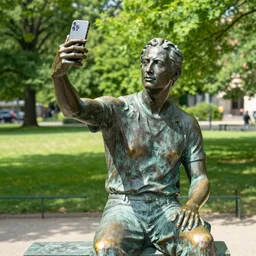 photo still of a bronze statue of a person using an iphone to take a selfie, park on a bright sunny day, 8 k 8 5 mm f 1 6, 9 5 7 8