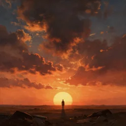 dramatic sunset and dramatic sky , lone man in the middle of the sun , painting by frazetta, low angle perspective, postapocalyptic panorama.asthetics !