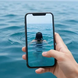 hand holding a phone asks for help in the middle of the sea drowning