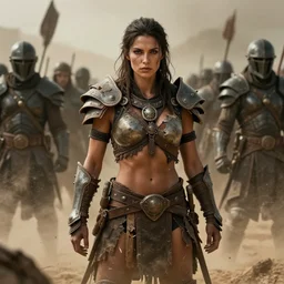 solo ancient tribewoman  standing against army, partially destroyed armor inspired monster hunter,back camera, muscular, symmetrical face, clean face, subtle make up, dramatic lighting, cinematic, establishing shot, extremely high detail, photorealistic, 300 the movie,monster hunter the movie, dune the movie, cinematic lighting, artstation, octane render, western,old photo, vintage, dust and destruction happening around her, freeze time