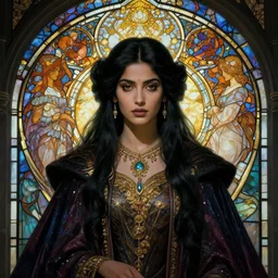 masterpiece head-on symmetrical centered painted portrait, Mahira Khan as a mage, Elden Ring class, black hair, indian, glorious, wearing wizard robes, glowing stained glass backdrop, elegant, in the style of Ruan Jia and Artgerm and Edgar Maxence and Ross Tran and Alphonse Mucha and Ayami Kojima and Charlie Bowater and Greg Rutkowski and Karol Bak and Jean Delville, Art Nouveau, Pre-Raphaelite, Neo-Gothic, gothic, Art Nouveau, rich deep moody colors, 8k, specular highlights, octane render