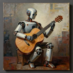 a baroque painting of a robot musician on an abstract canvas, octane render, high detailed