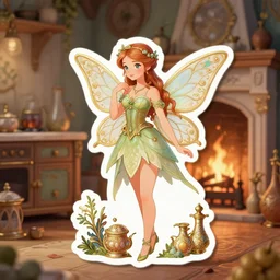 a close - up of a fairy in a vintage magical kitchen, with a fireplace in the background d & d, fantasy, intricate, elegant, sticker illustration, artstation, concept art, smooth, sharp focus