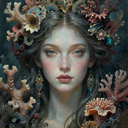 portrait of an impossibly beautiful sea goddess, graceful, esoteric, muted colors, head in focus, high fantasy art, ocean corals aesthetics, intricate details, elegant, highly detailed, hyperrealistic painting, artstation, concept art, painterly, sharp focus, illustration, epic art by hans jokem bakker
